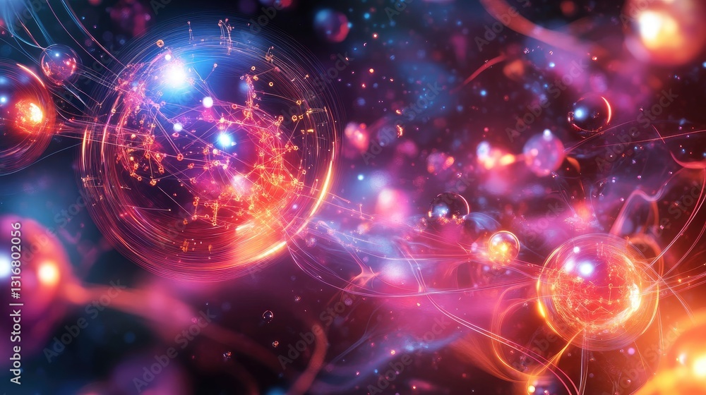 Poster abstract visualization of cosmic particles and energy flow in vibrant colors and dynamics