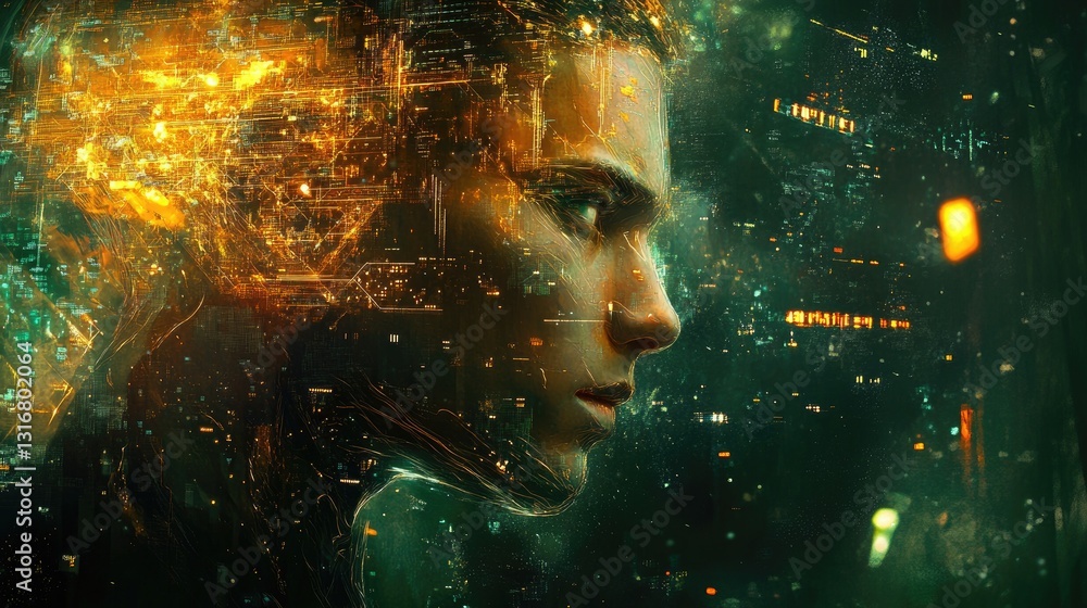 Poster portrait of a futuristic human in digital environment with glowing technology elements and abstract 