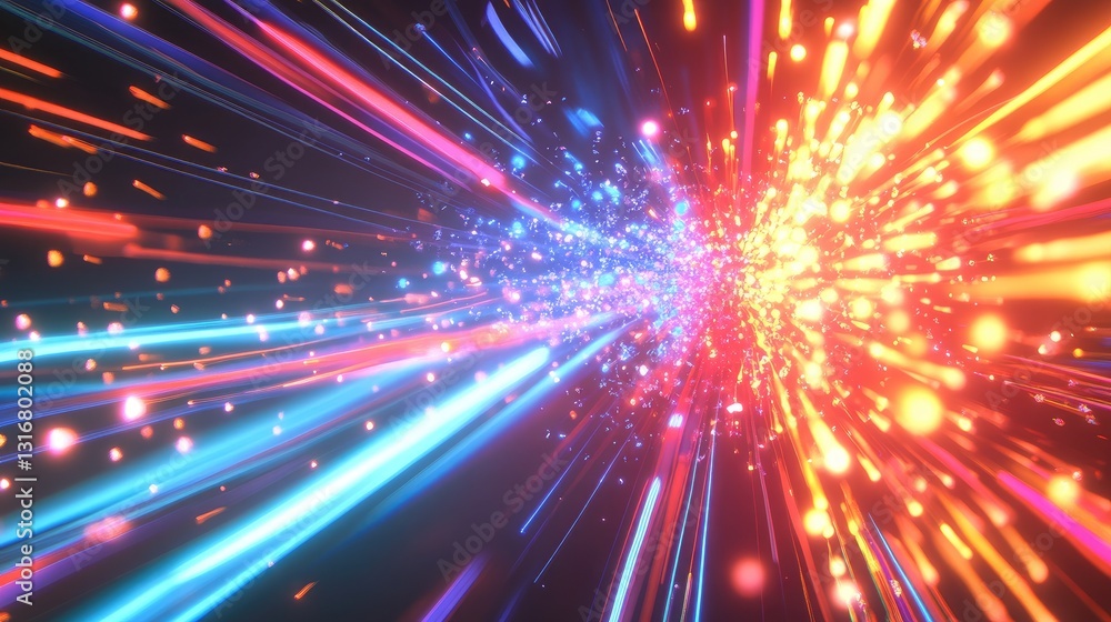 Poster vibrant explosion of colorful light rays and particles in dynamic motion with abstract background