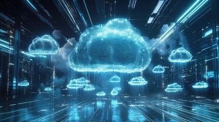 Obraz premium Digital Clouds in Futuristic Data Center with Neon Light Effects and Glowing Elements Representing Cloud Computing Technology