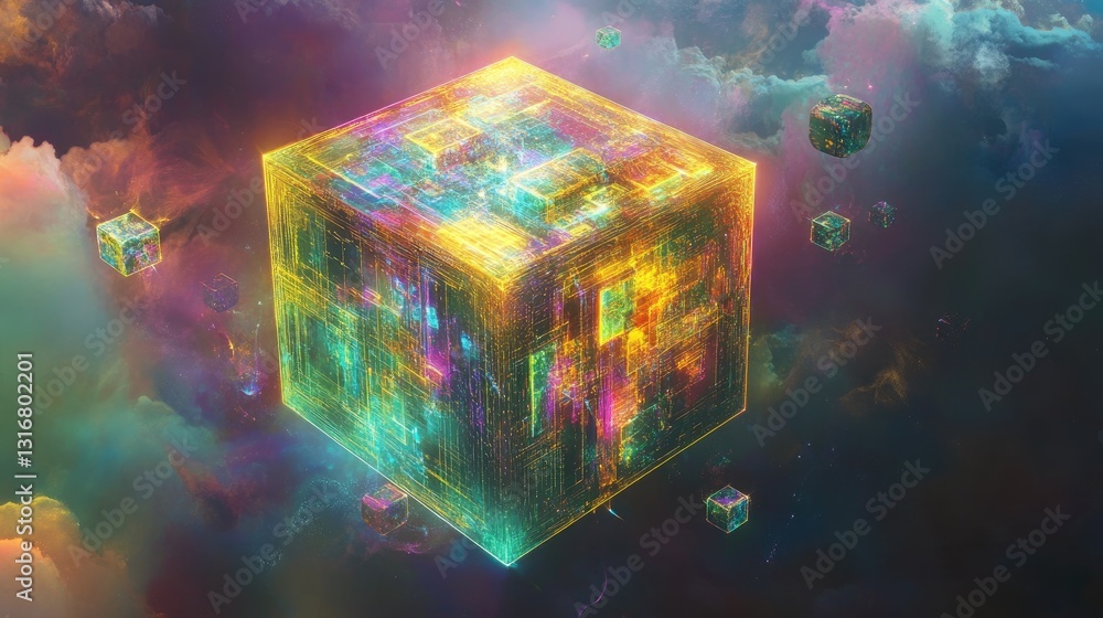 Poster abstract colorful cube in cosmic space with glowing particles and dreamy cloud background