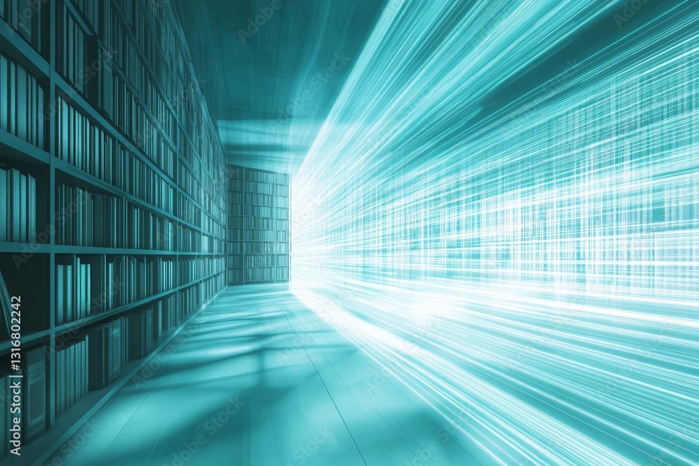 Poster abstract library scene with light stream and bookshelves effect