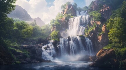 Fototapeta premium Majestic Waterfall Cascading Over Rocky Cliffs Surrounded by Lush Greenery Under a Bright Blue Sky