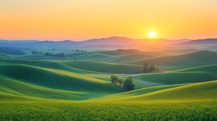 Fototapeta premium Stunning sunrise over the rolling hills of Palouse, Washington with vibrant greens and soft light