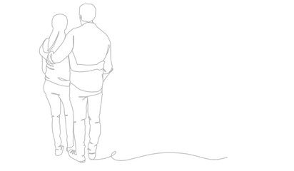 loving couple standing - continuous line drawing. Romantic couple walking together holding hands continuous line vector illustration.