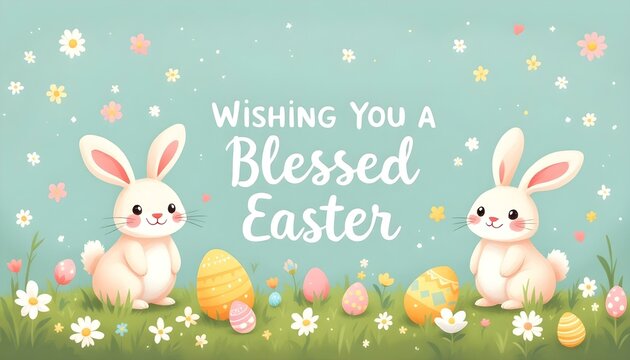 Cute Easter illustration with smiling bunnies, pastel eggs, and the words ‘Wishing You a Blessed Easter’ in playful, cheerful typography, creating a joyful and festive holiday vibe.
