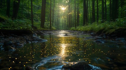 Fototapeta premium Synchronized fireflies illuminate the forest at dusk near the Great Smoky Mountains