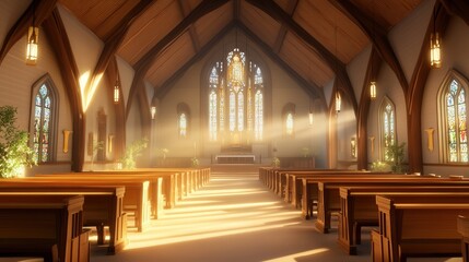 Fototapeta premium Sunlight streaming through stained glass in a serene cathedral interior