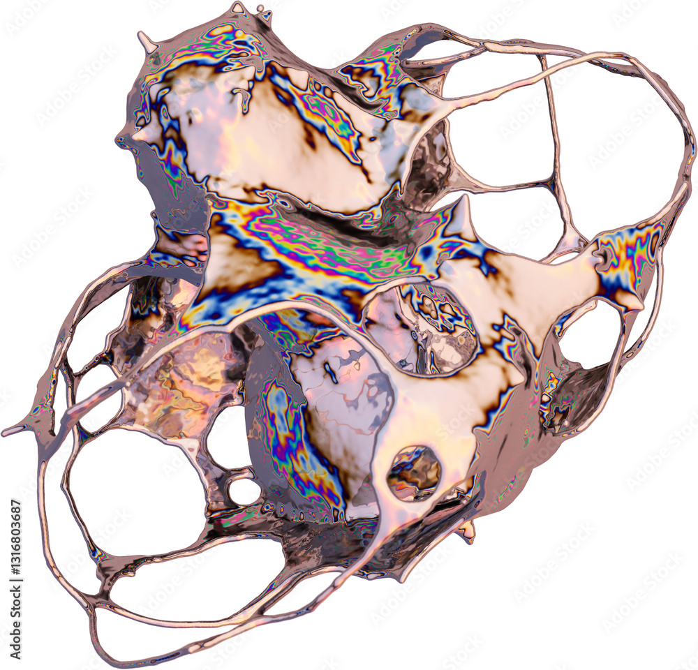 Poster organic metallic structure with iridescent reflections, featuring intricate, web-like patterns. abst