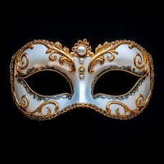 Elegant white and gold Venetian mask on black background.