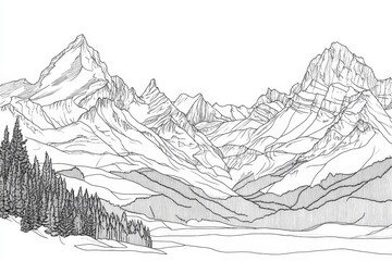 Swiss Alps Line Art Drawing - Single line drawing of Swiss Alps mountain range, symbolizing nature, adventure, serenity, freedom, and exploration
