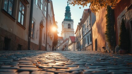 Cobblestone Street with Church: A charming European street scene, with a cobblestone road leading towards a historic church, bathed in the warm light of sunrise.