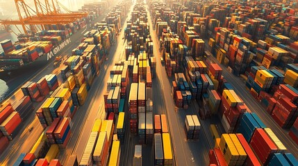Vast container port at sunrise, showcasing rows of colorful cargo containers
