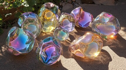 Colorful Iridescent Glass Forms Glimmering in the Sunlight on a Natural Surface
