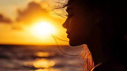 A golden sunrise over the ocean, with the close-up of a beautiful girl&acirc;s silhouette in the background.