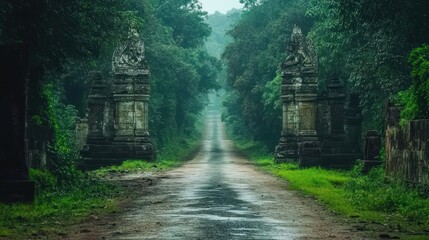 Naklejka premium Mystical Road Through Lush Cambodian Jungle, Ancient Stone Gateways