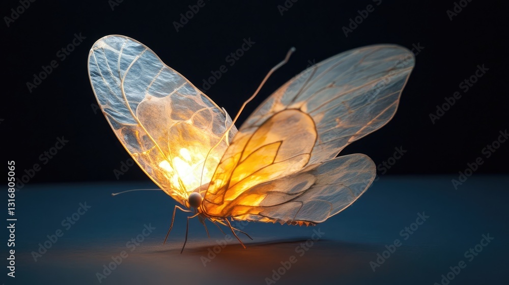 Poster delicate butterfly with translucent wings illuminated by soft light set against a dark background