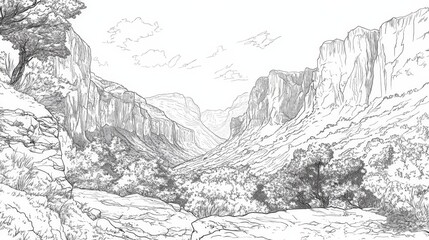 Obraz premium Vikos Gorge Greece Line Art Drawing - Single line drawing of Vikos Gorge, Greece. Illustrates nature, landscape, adventure, exploration, and serenity