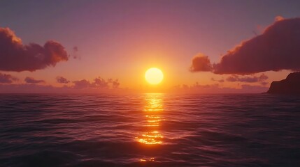 Obraz premium A serene sunset over calm waters, reflecting warm hues and gentle clouds.