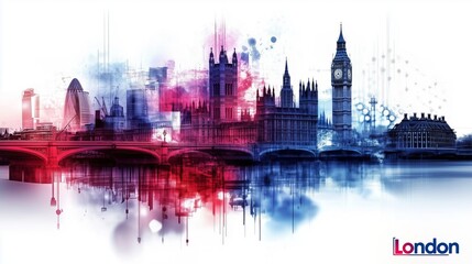 Fototapeta premium Stylish modern designed skyline silhouette of the city of London, with attractions and famous places, in the colors of the national flag. Tourism concept.