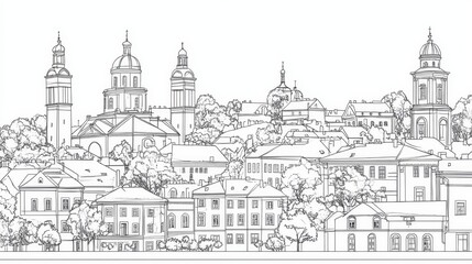 Obraz premium Vilnius Lithuania Cityscape Line Art Coloring Page - Single line drawing of Vilnius, Lithuania city skyline, symbolizing architecture, history, culture, tourism, and urban landscape