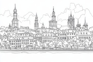 Fototapeta premium Warsaw Cityscape Line Art Coloring Page - Single line drawing, coloring page, depicting Warsaw's historic architecture, featuring churches, buildings, and trees, symbolizing history, urban landscape