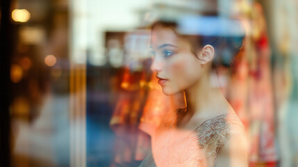 A reflection in a shop window, with a blurred close-up of a beautiful girl admiring a dress in the background.