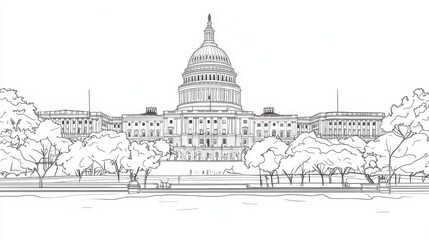 Obraz premium Washington D.C Capitol Building Line Art Coloring Page - Single line drawing of the US Capitol building in Washington D.C., symbolizing government, architecture, history, patriotism