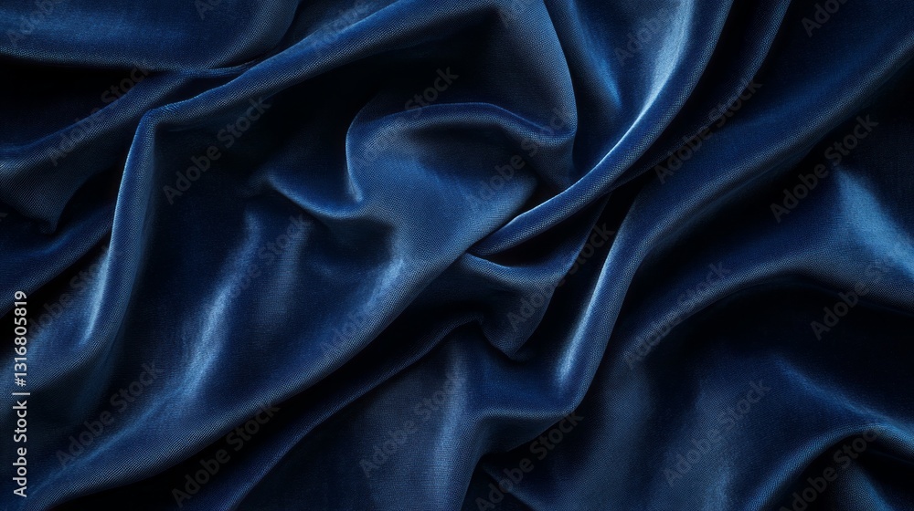 Poster soft and luxurious, the deep blue fabric unfolds in intricate waves, reflecting light and creating a