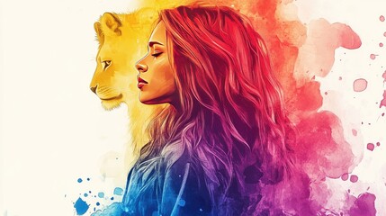 A woman with flowing hair gazes serenely beside a lion, their profiles intertwined. The artwork bursts with colors, symbolizing a deep connection between them