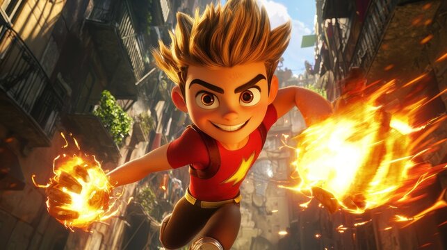 Elemental Movie Still:  A Young Boy With Fire Powers Leaps Through a City