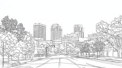 Raleigh North Carolina Skyline Drawing - Single line drawing of Raleigh's cityscape, symbolizing urban growth, architectural design, nature's embrace, community, and progress