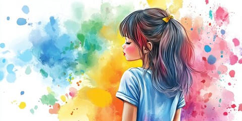 A young girl with a ponytail looks away, immersed in a cloud of bright, colorful splashes that create a lively and artistic backdrop