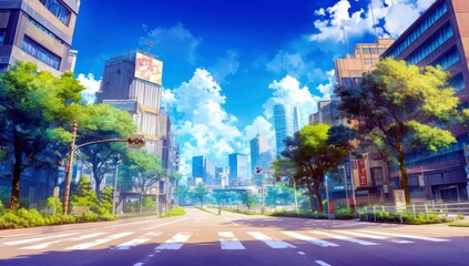 Urban street scene with modern buildings, blue sky, and lush greenery in a vibrant city landscape filled with light and inviting atmosphere for day exploration