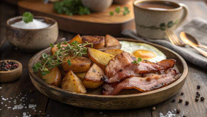 Hearty Irish breakfast with bacon, potatoes, and fried egg