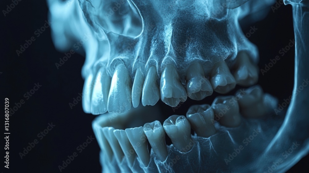 Poster close-up of a human jawbone with detailed focus and intricate structure highlighted in ray of light