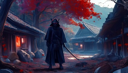 Mysterious Samurai Warrior Standing in Autumn Landscaped Village Surrounded by Crimson Leaves and Historical Japanese Architecture at Dusk