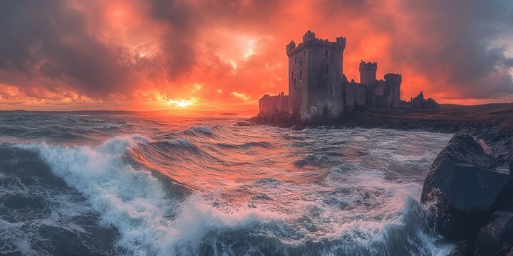 The Citadel's Stormy Embrace: An imposing ancient castle stands defiant against the turbulent sea under a dramatic, fiery sunset sky.