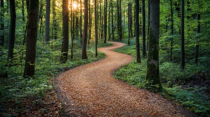 Fototapeta premium Serene Winding Path Through Lush Green Forest at Sunrise
