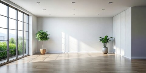 Fototapeta premium Sunlight streams through expansive windows into a minimalist, bright room featuring hardwood floors and potted plants