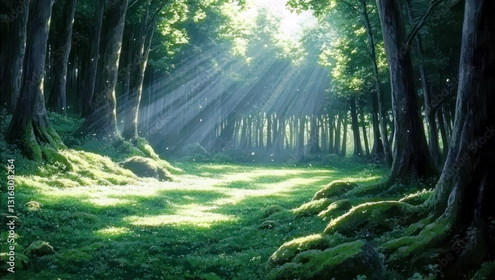 Poster sunlight filtering through trees in a lush forest scene