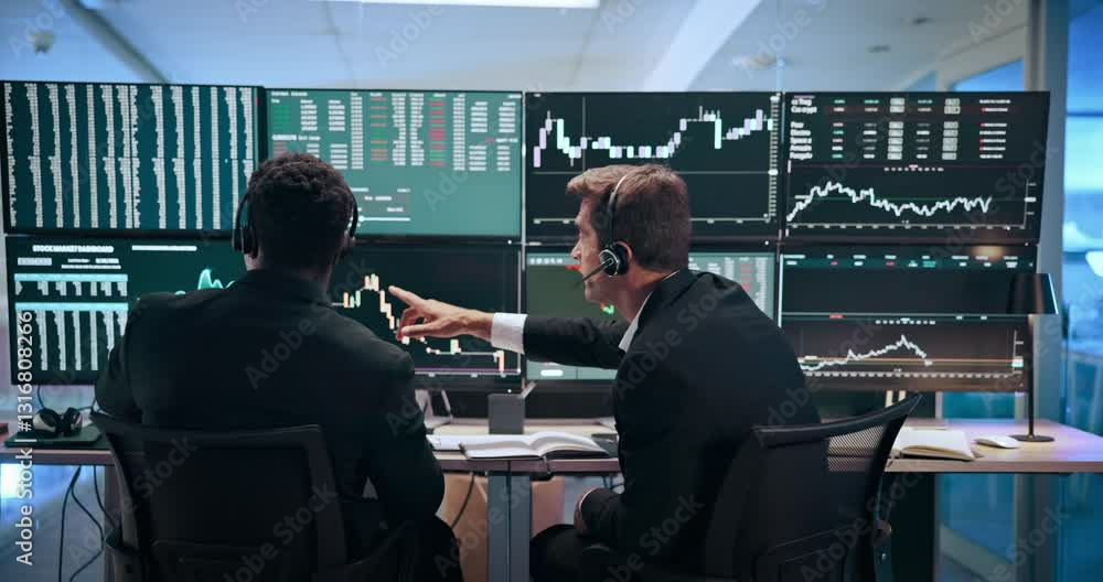 Aufkleber Men, graphs and computer screen for stock market, discussion and headset with stats, analysis or review. People, partner and monitor for charts, trading and revenue with fintech at investment agency