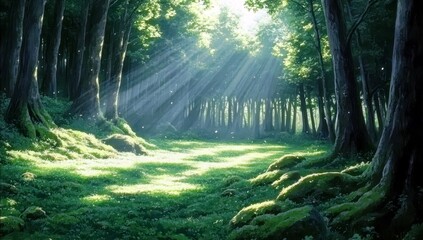 Obraz premium Sunlight Filtering Through Trees in a Lush Forest Scene