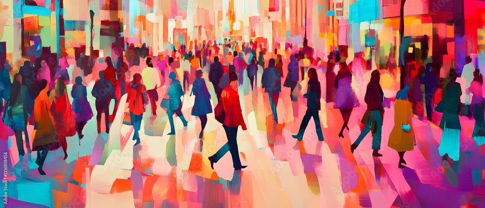 Poster vibrant and dynamic cityscape with blurred silhouettes of commuters and pedestrians in motion captur