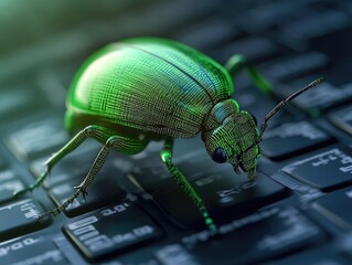 Digital menace, a glowing cybernetic beetle crawling on computer keyboard