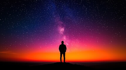 Fototapeta premium Silhouetted Figure Against a Stunning Starry Night Sky at Dusk
