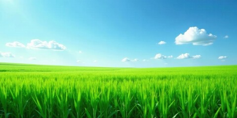 Obraz premium Serene Landscape of Vibrant Green Field Under a Sunny Sky with Fluffy White Clouds