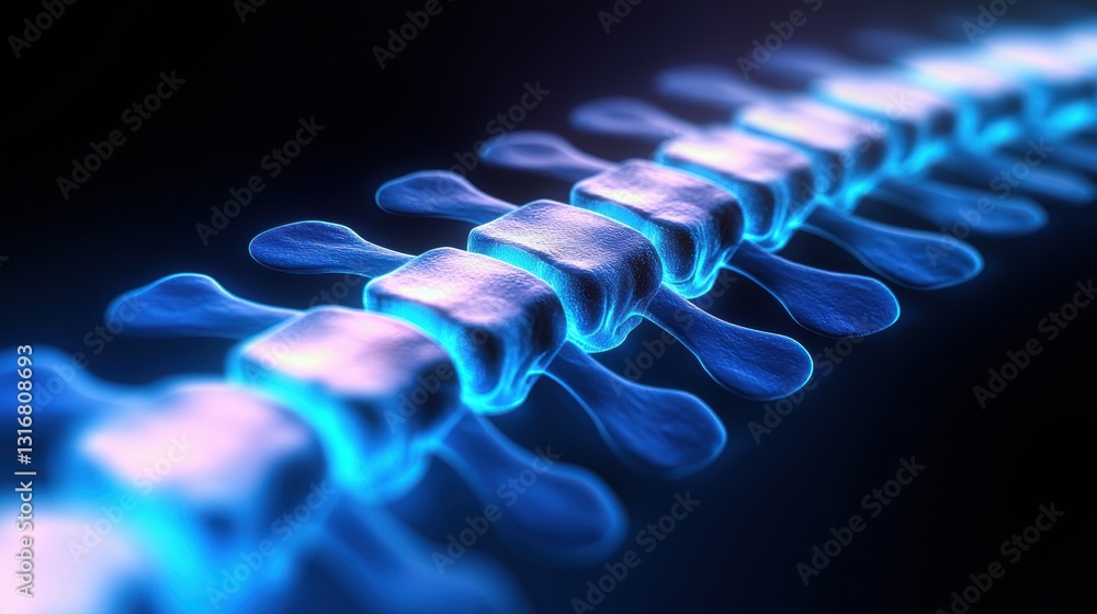 Poster close-up of a human spine with radiant details highlighting its structure and texture in a futuristi