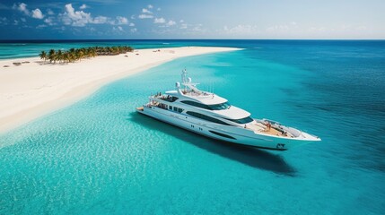 Fototapeta premium Luxurious Yacht Anchored Near Tropical Island with Crystal Clear Water and Scenic Blue Sky