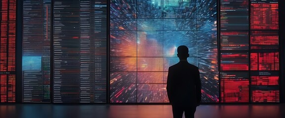   Silhouette of a Visionary: A silhouetted figure stands before an enormous, luminous digital display, the vibrant data streams and glowing light evoke a sense of innovation and futuristic technology.